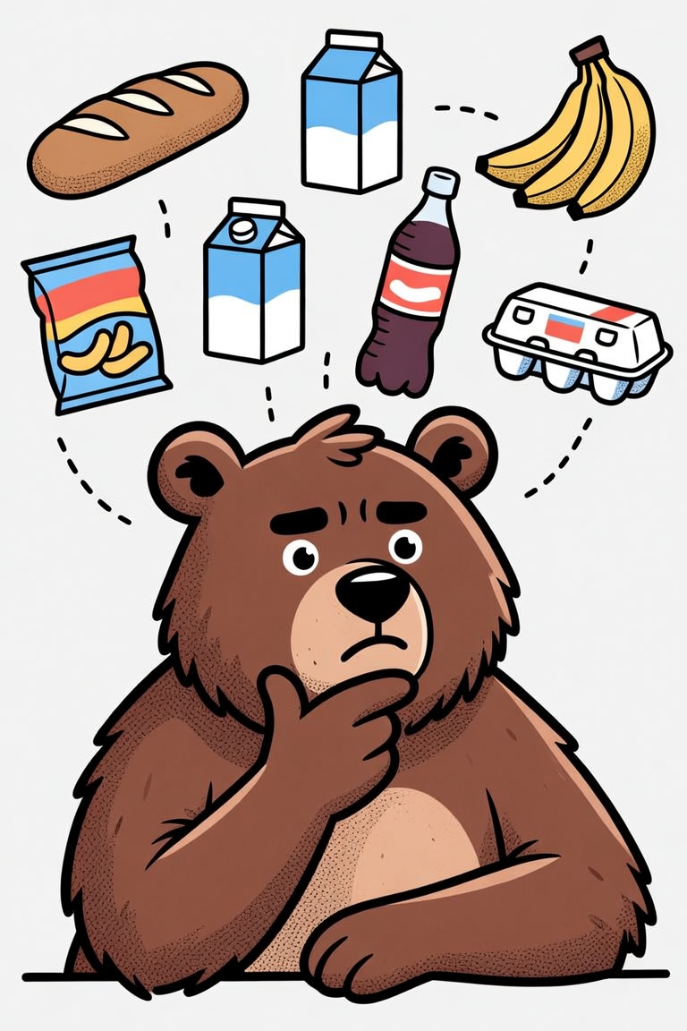 A bear with its paw on its chin, groceries circling its head